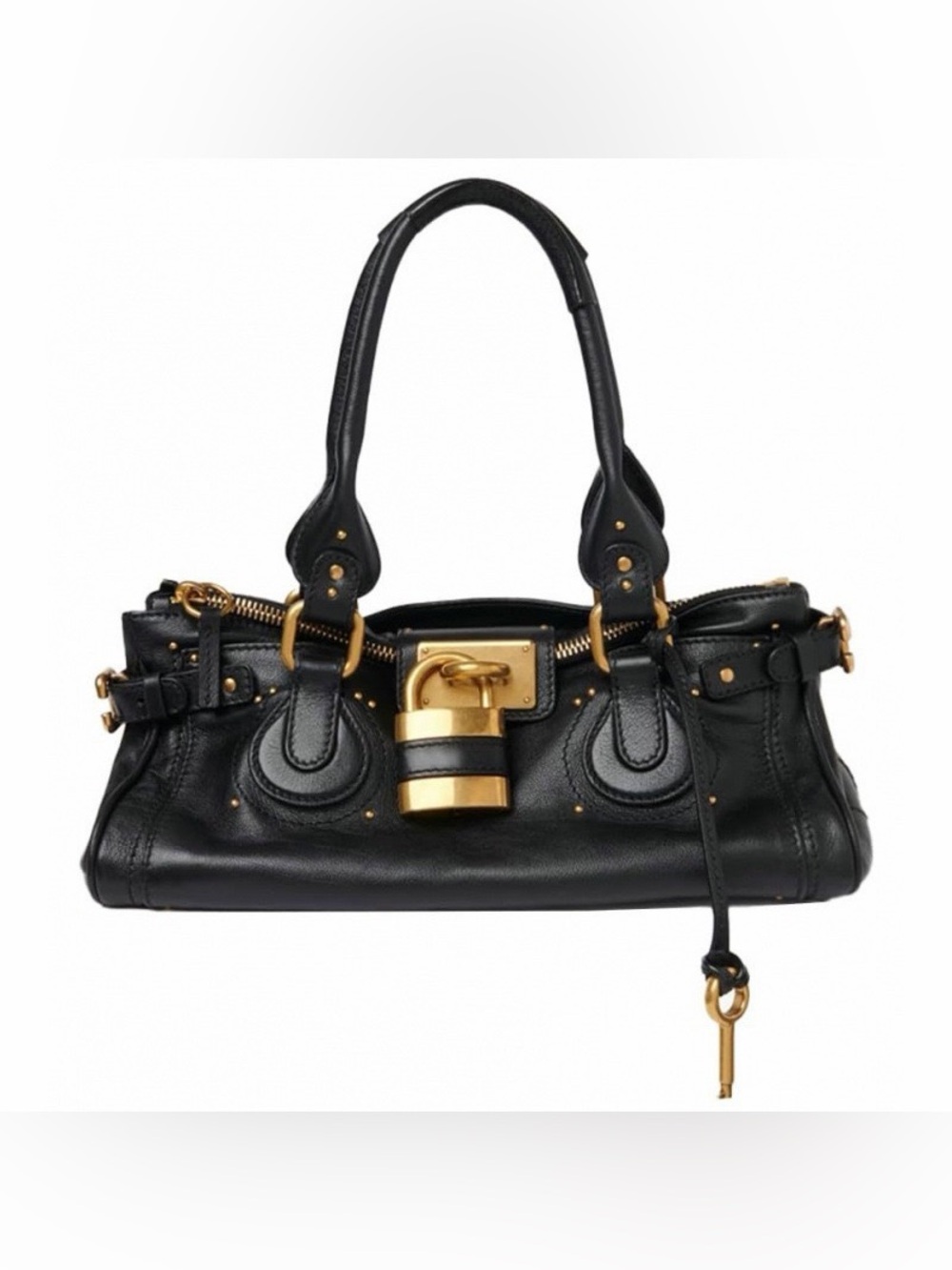 Black Leather Satchel Handbag with Gold Hardware